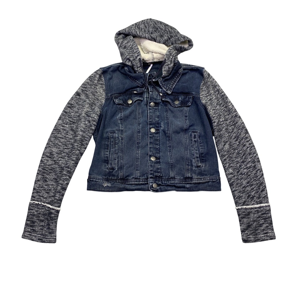 Free People Mixed Media Denim Jacket Knit Sleeve Hoodie Dark Wash Blue Gray M